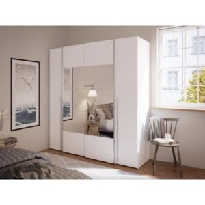 Kleiderschrank NARAGO – Mattweiß – 2 Schiebetüren + Spiegel + 2 Drehtüren + 2 Kleiderstangen – B 200 x T 61 x H 210 cm