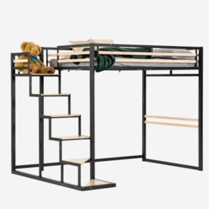 COSY FURNITURE Doppelbett-Hochbett (140×200) mit Lattenrost im Industriestil aus Schwarz und Holz (Matratze nicht im Lieferumfang enthalten) – UP