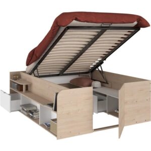 ODYSSEE Bett mit Stauraum für Erwachsene – 140 × 190/200 cm – Mit aufklappbarem Staufach – Ausführung Eiche/Weiß – 168,3 × 66,5 × 209,5 cm