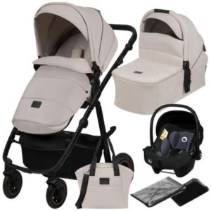 LIONELO Amber Plus 3-in-1 Reisesystem – Kinderwagen, Babywanne, Autositz, Tasche und Zubehör – Beige